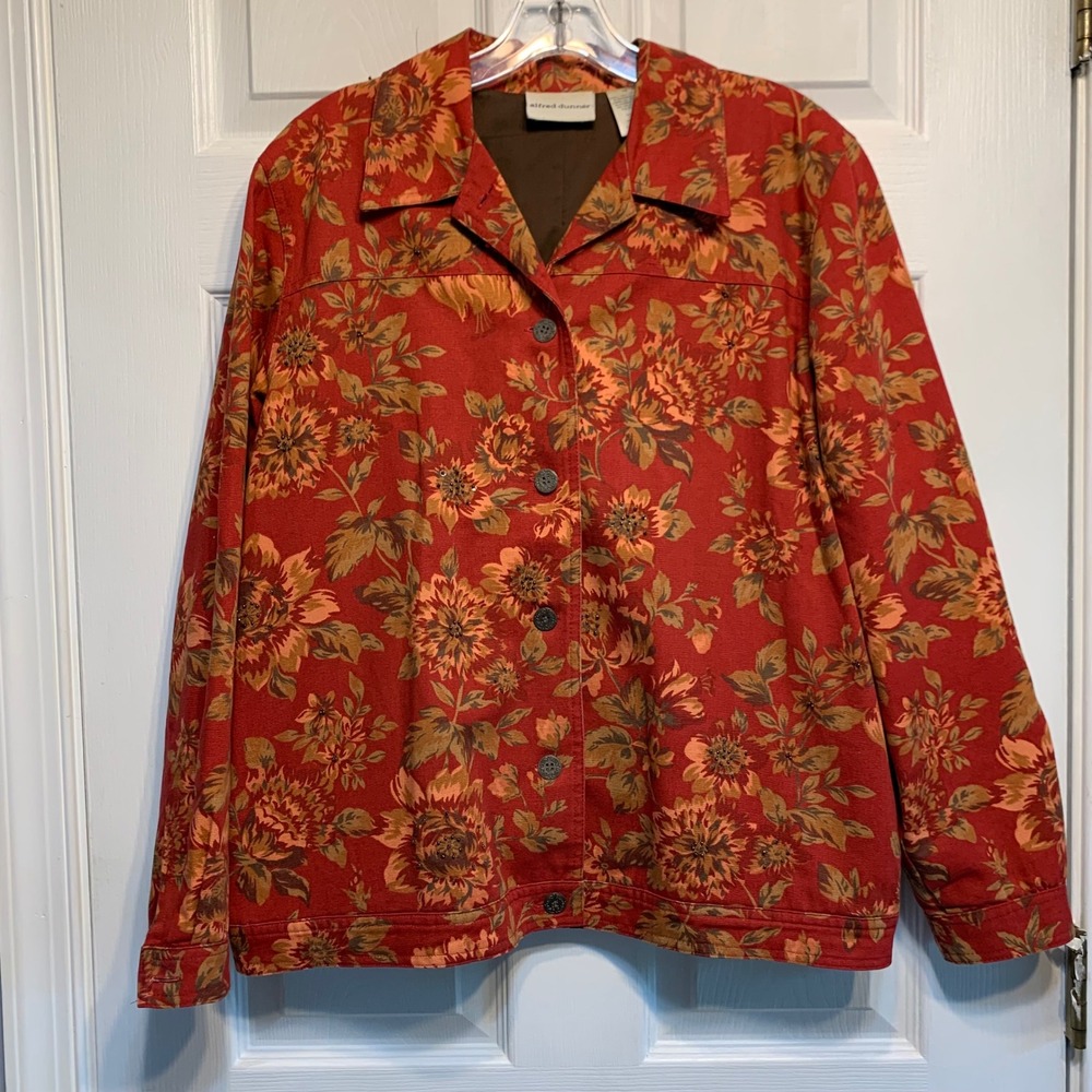 Alfred Dunner Jacket Size 10 Red Floral Beaded Canvas Button Front Cottagecore